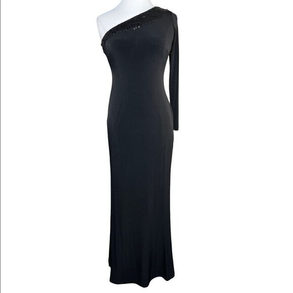 Calvin klein One Shoulder Single Sleeve Sexy Sequin Trim Floor Length Dress Gown - Picture 6 of 11